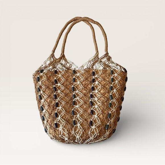 J. Crew Handbags - J. Crew Sedona Beaded Basket Bag Tan and White Woven Tote Straw New